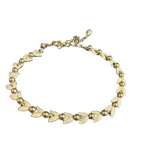 Delicate Vintage Signed Charel Choker Gold Tone Leaf Enamel Design Faux Pearl